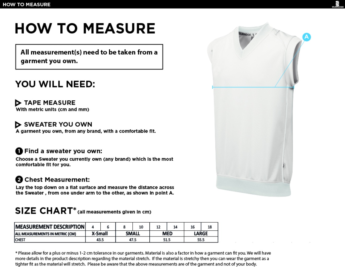Disability Team - Blast Sleeveless Cricket Sweater - Ladies Fit - Size Guide