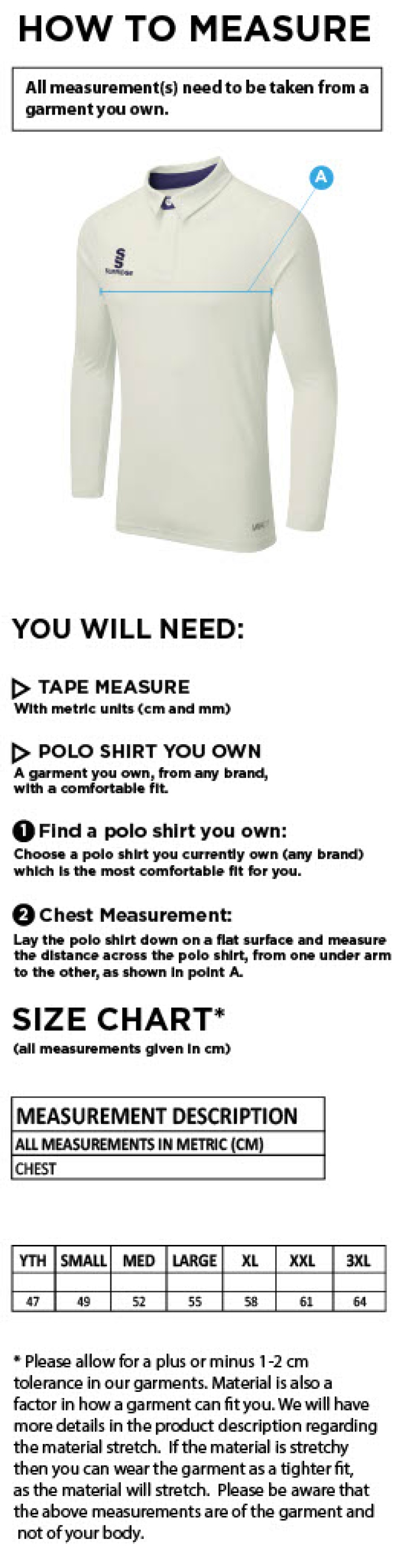 Seniors - Dual Cricket Shirt Long Sleeve - Size Guide