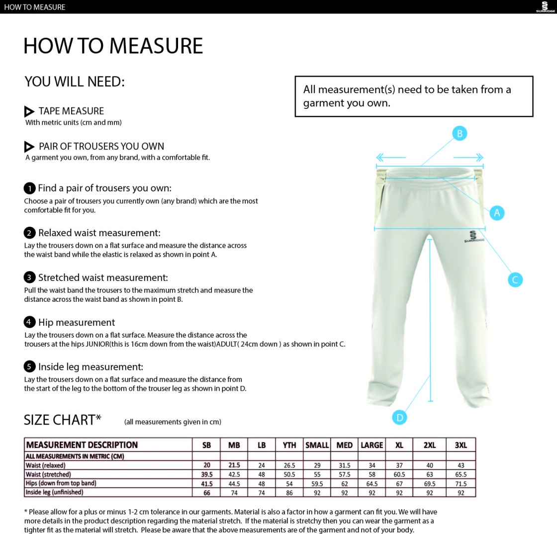 Seniors - Standard Playing Pant - Size Guide