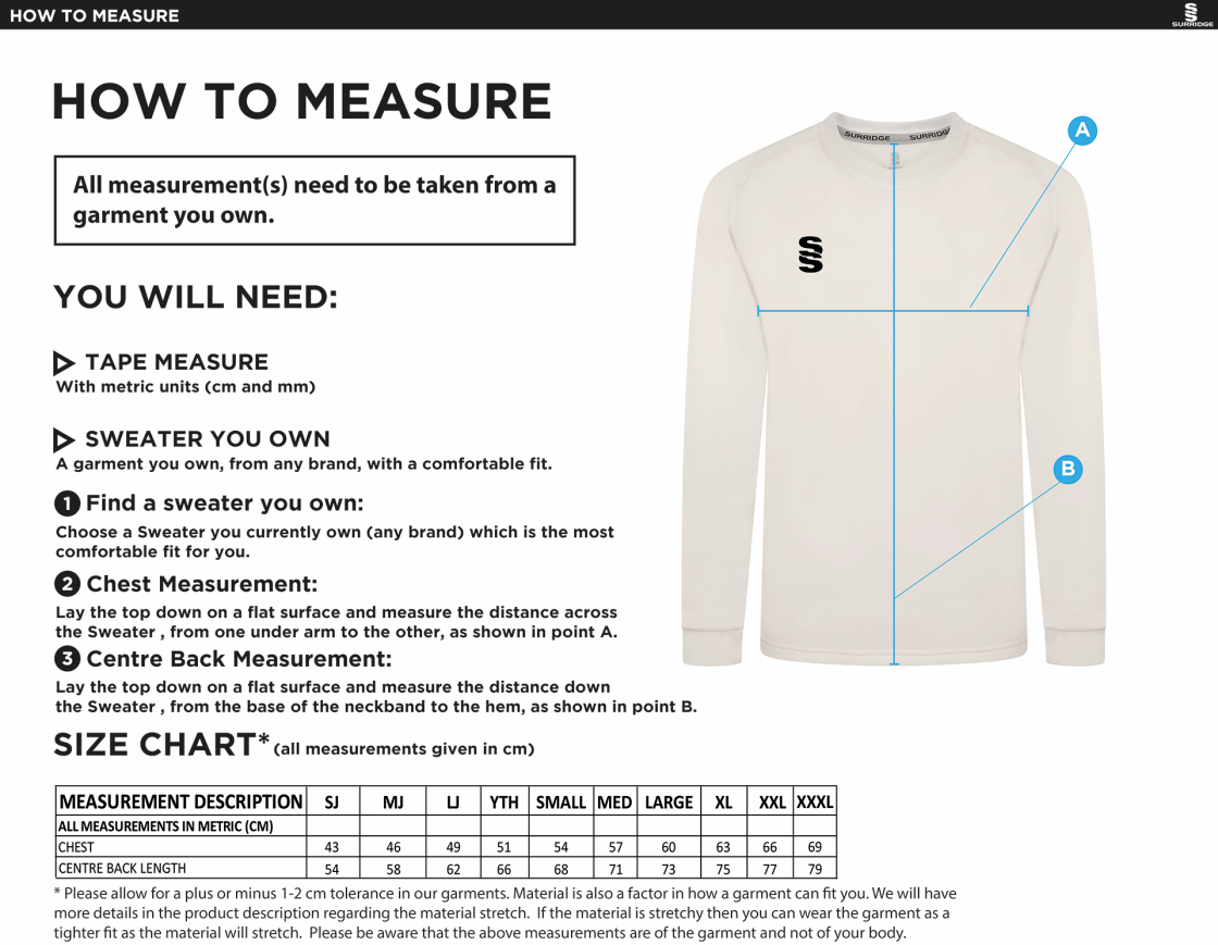 Seniors - Blast Long Sleeve Cricket Sweater - Size Guide