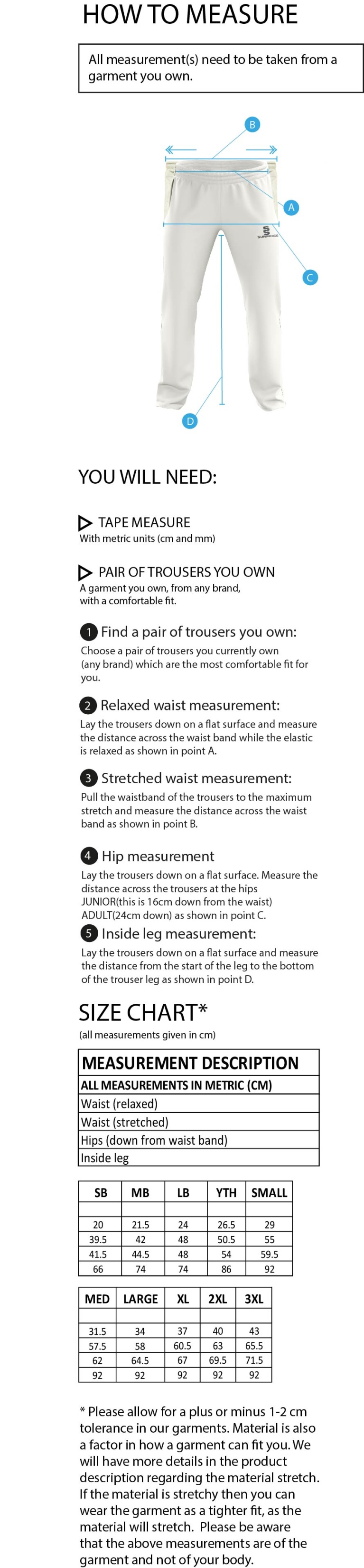 Seniors - Standard Playing Pant - Size Guide