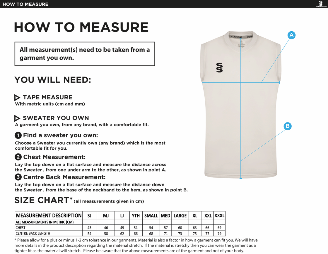 Seniors - Blast Sleeveless Cricket Sweater - Size Guide