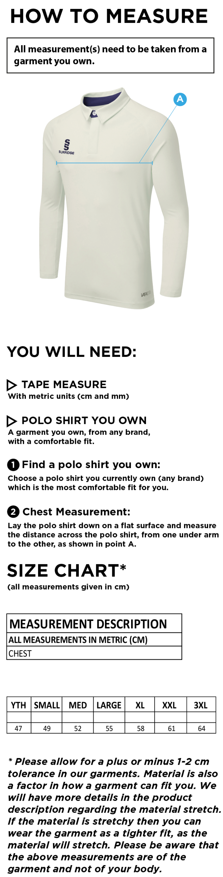 Colts - Fuse Long Sleeve Cricket Shirt - Size Guide