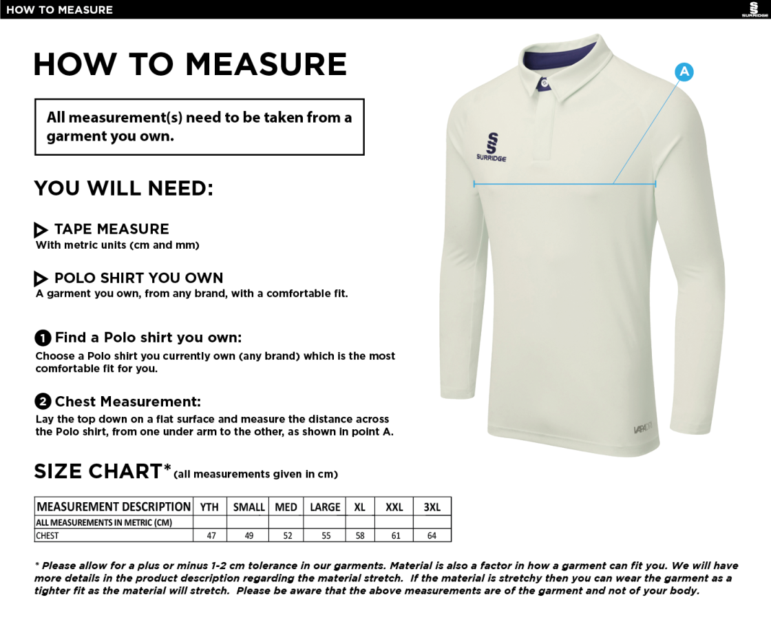Colts - Fuse Long Sleeve Cricket Shirt - Size Guide