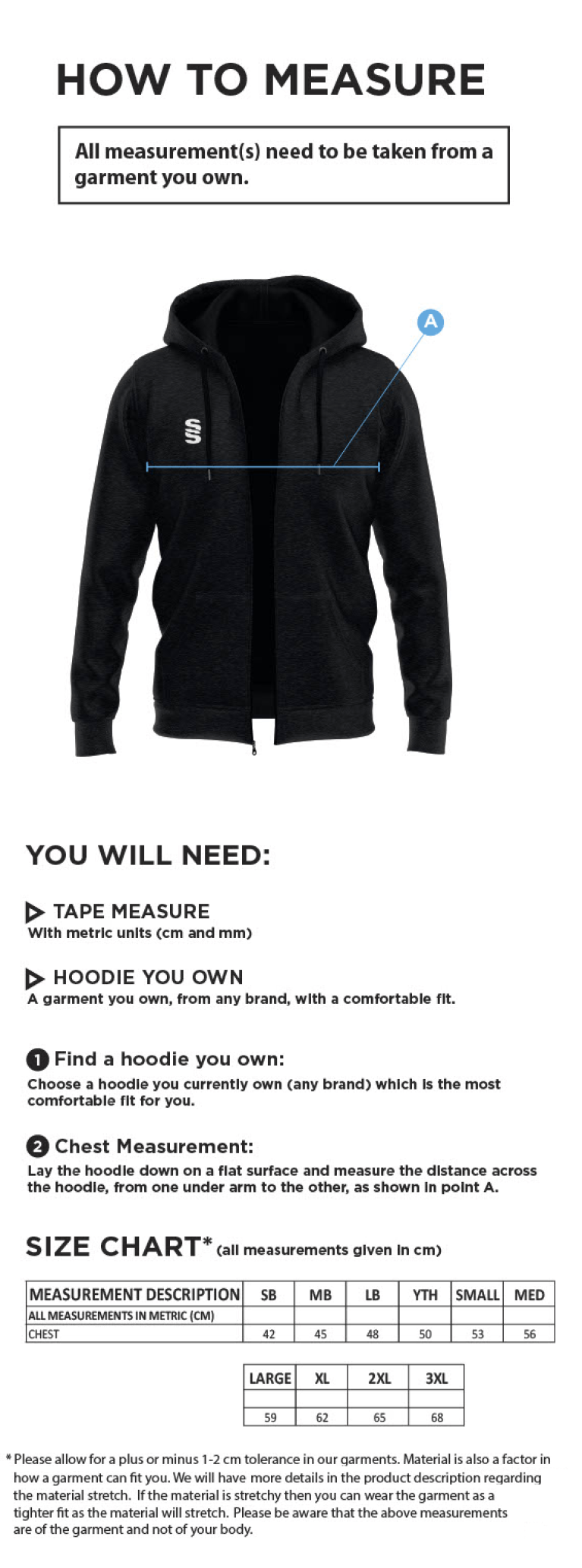 Disability Team - Dual Full Zip Hoody - Men's/Unisex Fit - Size Guide