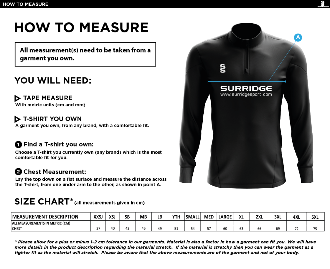 Disability Team - 1/4 Zip Dual Performance Top - Unisex Fit - Size Guide