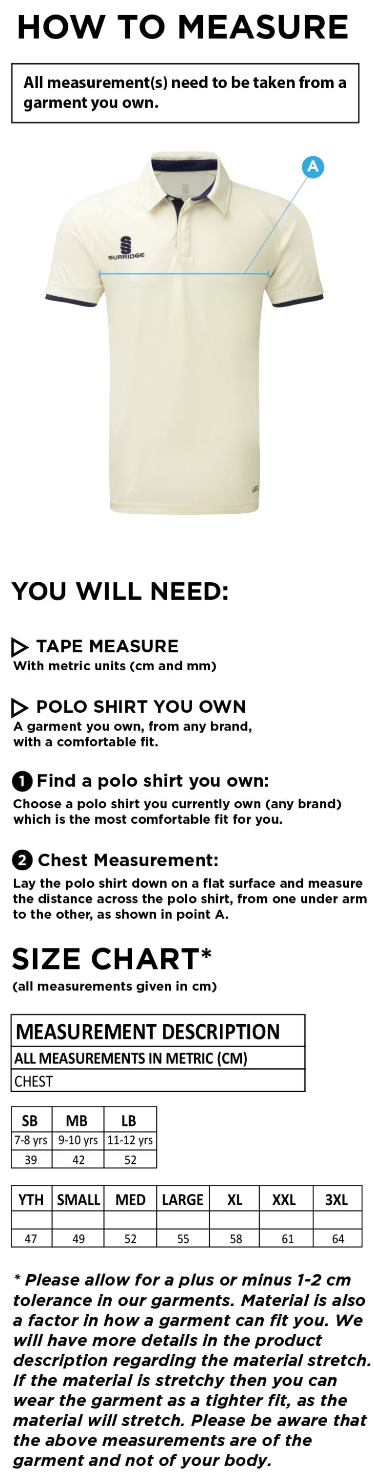 Seniors - Fuse Short Sleeve Cricket Shirt - Size Guide