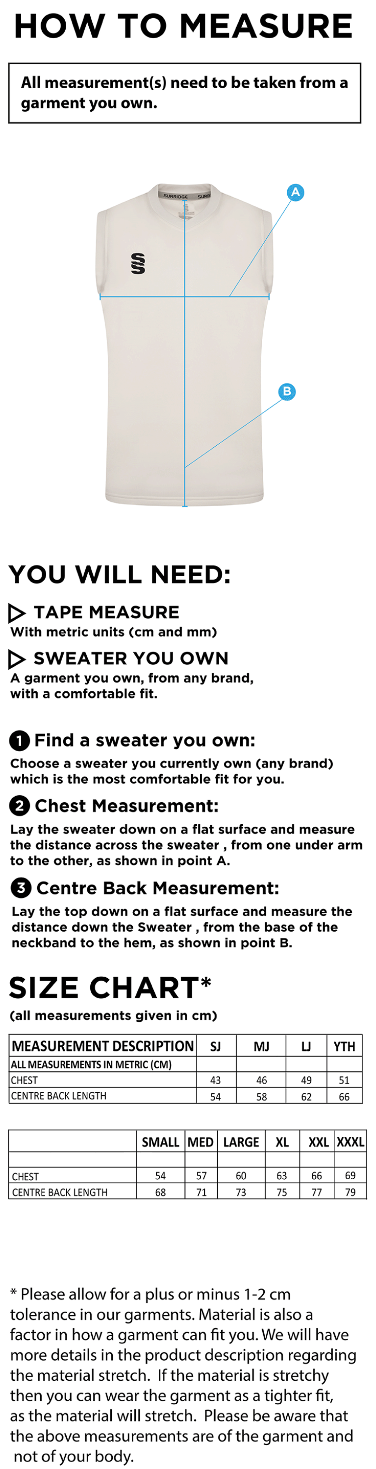 Seniors - Blast Sleeveless Cricket Sweater - Size Guide