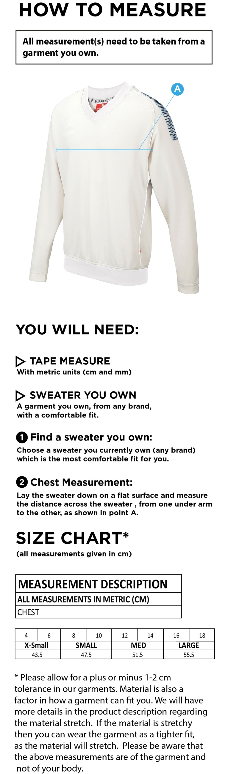 Disability Team - Blast Long Sleeve Cricket Sweater - Ladies Fit - Size Guide