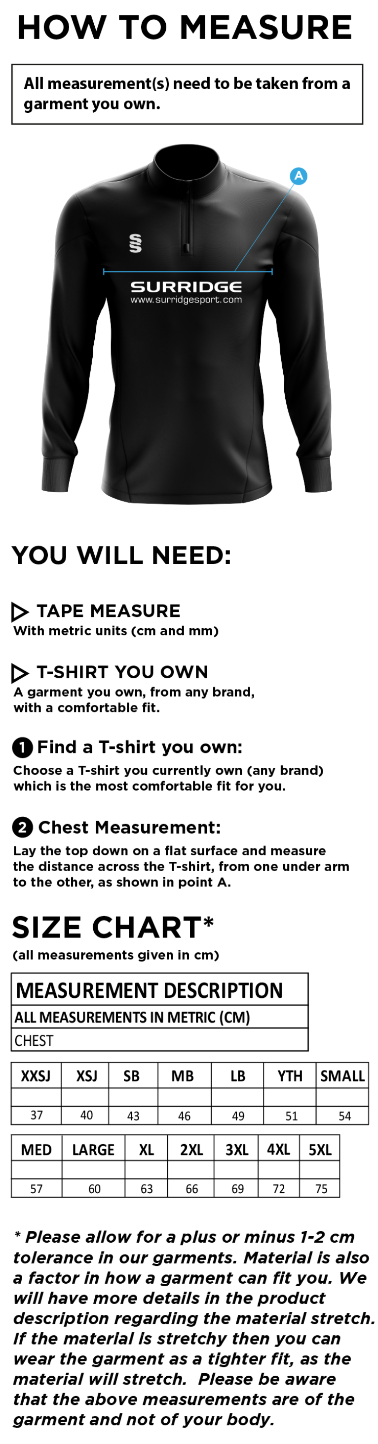 Seniors - 1/4 Zip Dual Performance Top - Size Guide