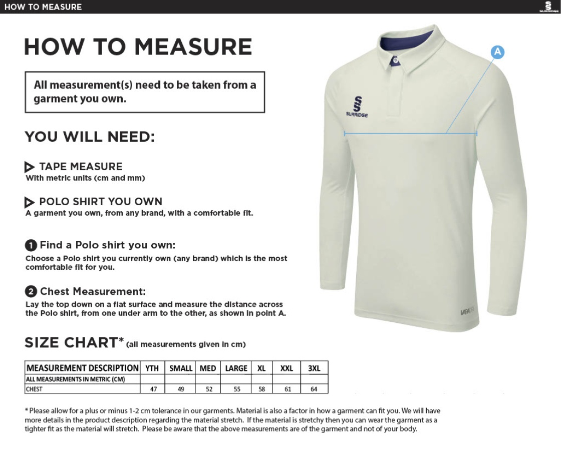 Disability Team - Dual Cricket Shirt Long Sleeve - Men's/Unisex Fit - Size Guide