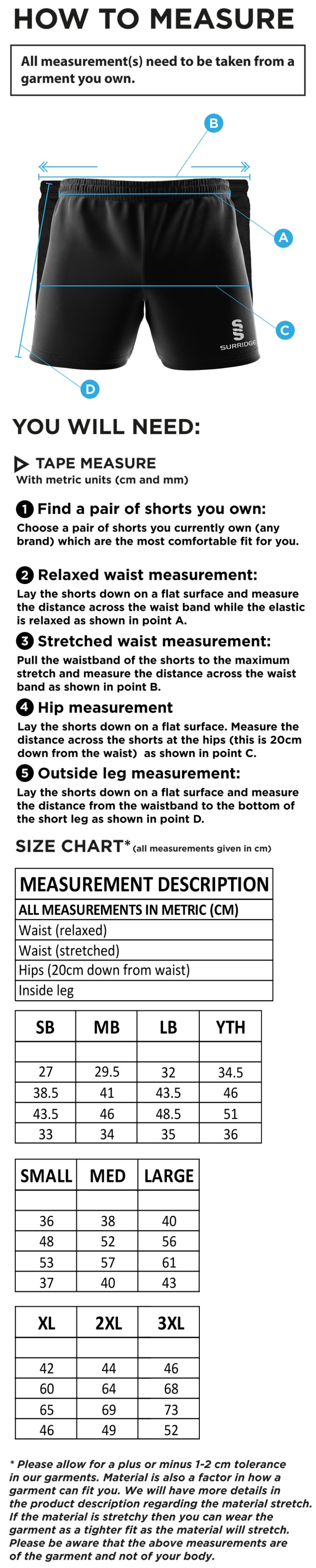 Disability Team - Performance Gym Short - Size Guide