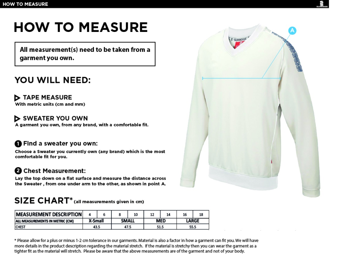 Disability Team - Blast Long Sleeve Cricket Sweater - Ladies Fit - Size Guide