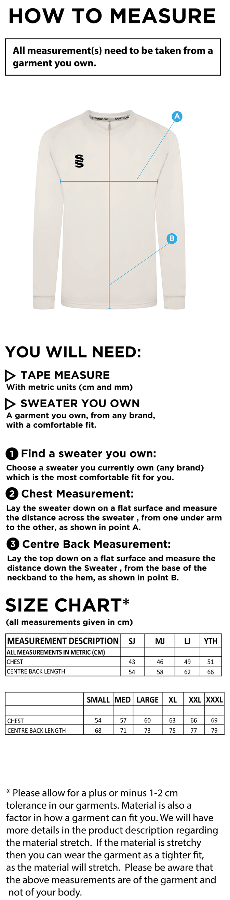 Seniors - Blast Long Sleeve Cricket Sweater - Size Guide
