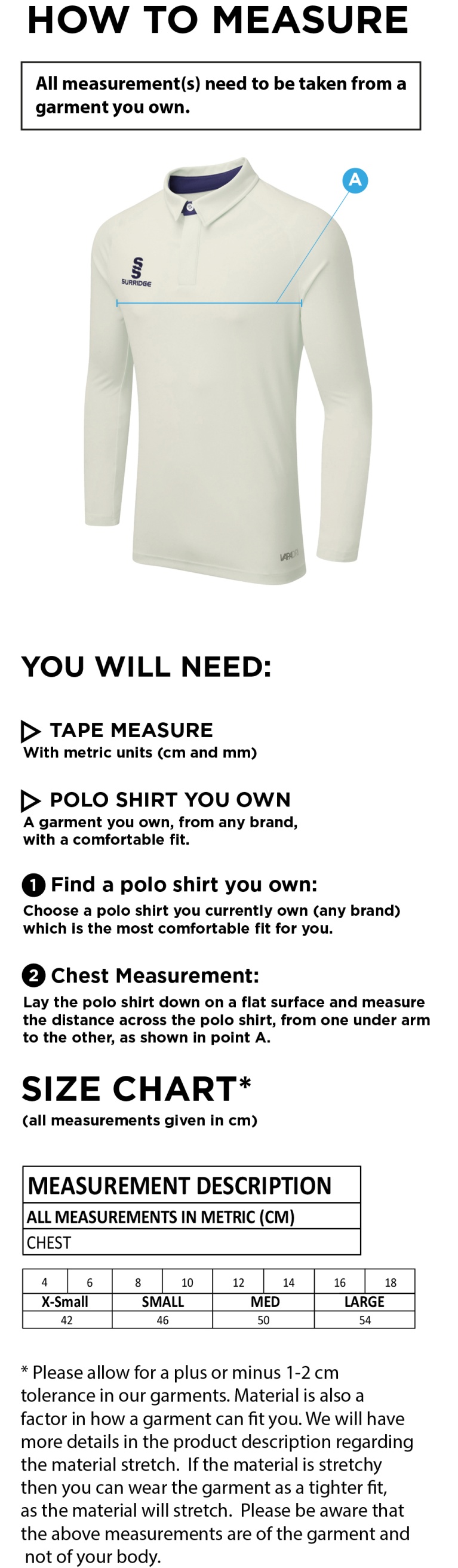 Disability Team - Dual Cricket Shirt Long Sleeve - Ladies Fit - Size Guide