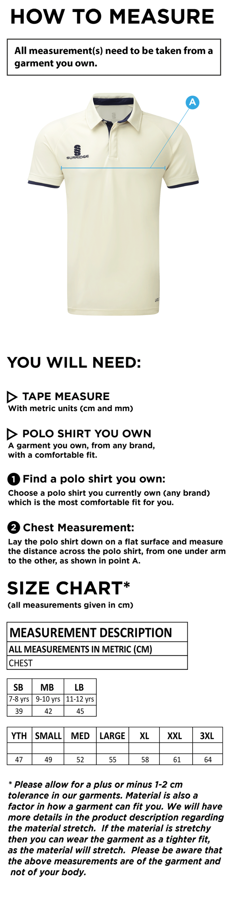 Seniors - Dual Cricket Shirt Short Sleeve - Size Guide