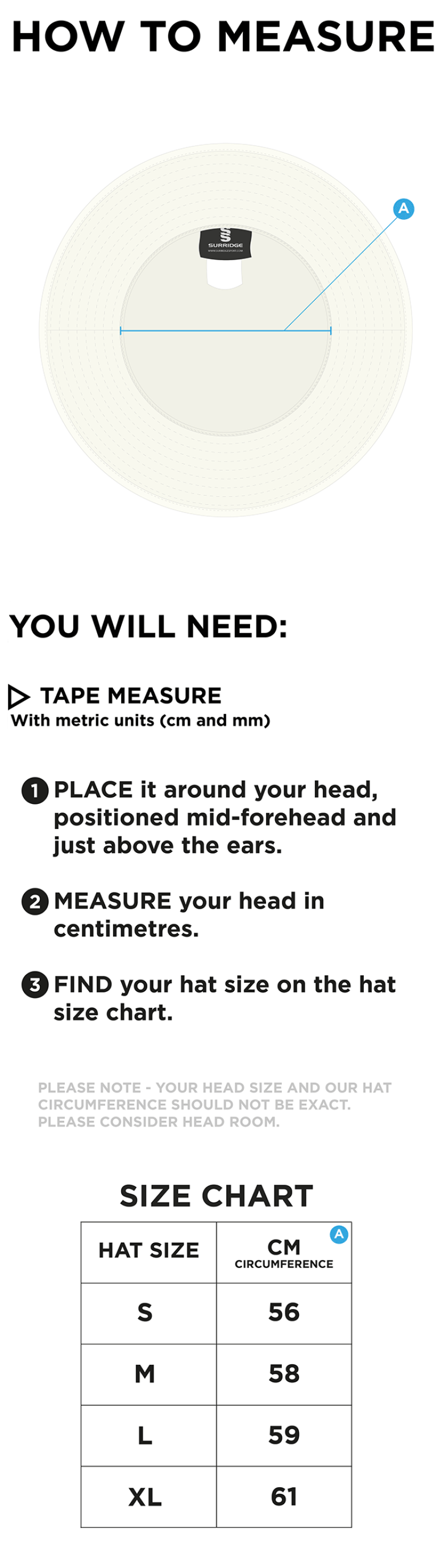 Brightlingsea CC - Floppy Sun Hat - Bottle - Size Guide