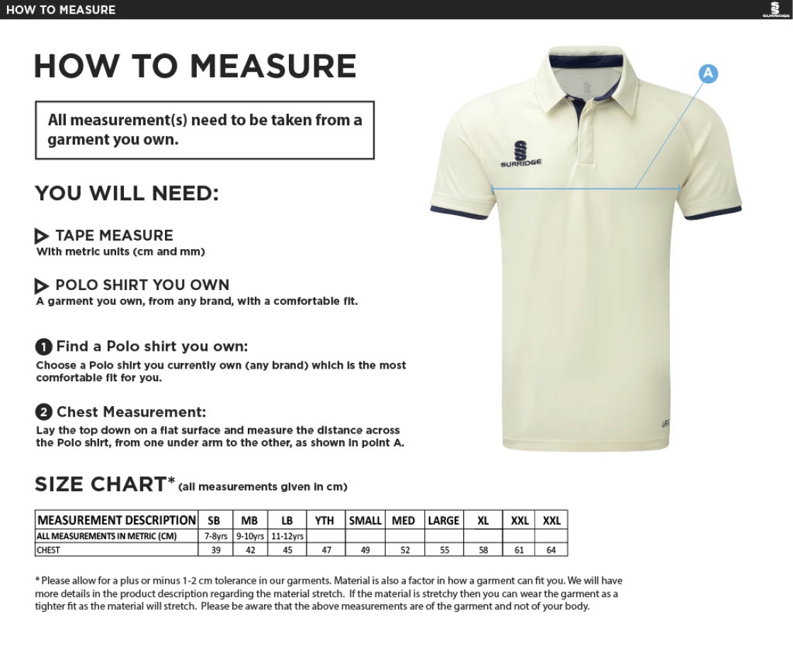 Seniors - Fuse Short Sleeve Cricket Shirt - Size Guide