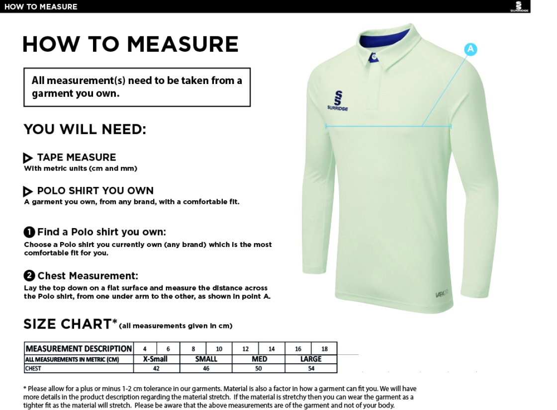 Disability Team - Dual Cricket Shirt Long Sleeve - Ladies Fit - Size Guide