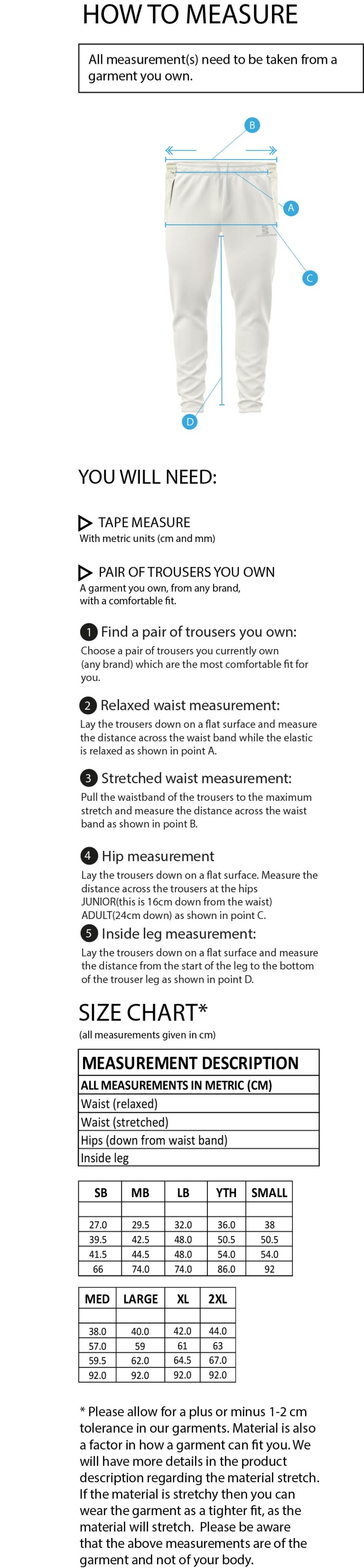 Colts - Ergo Playing Pant - Size Guide