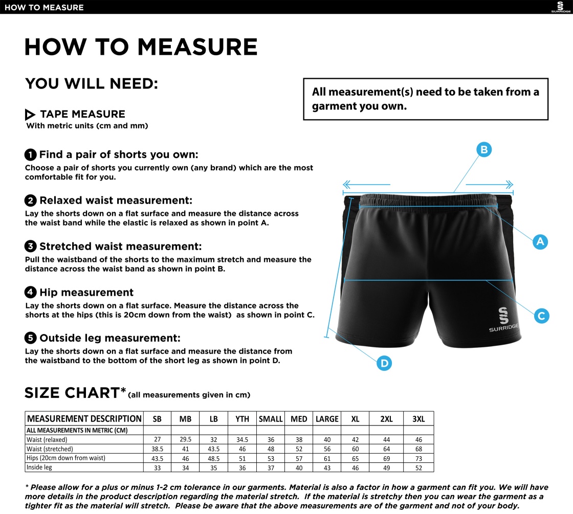 Disability Team - Performance Gym Short - Size Guide