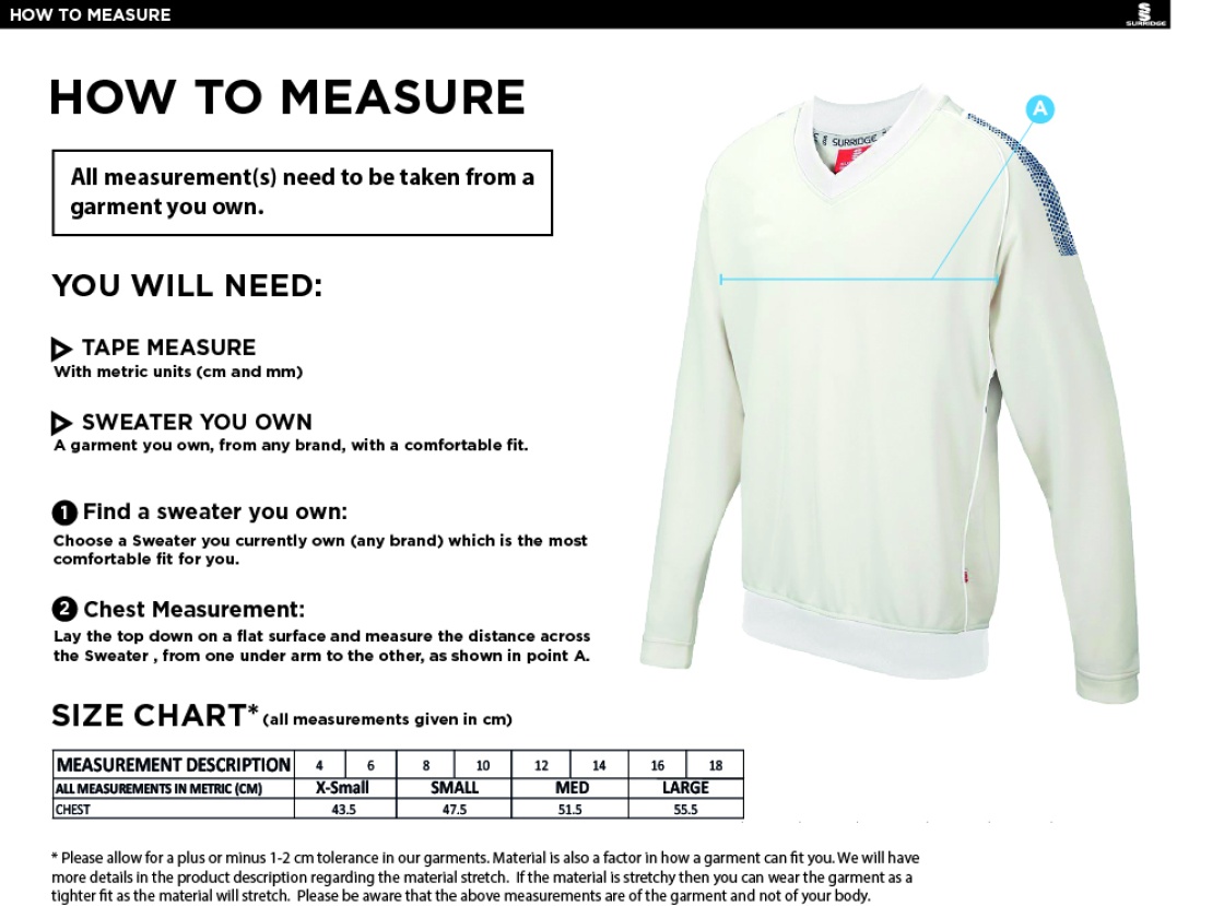 Disability Team - Blast Long Sleeve Cricket Sweater - Ladies Fit - Size Guide