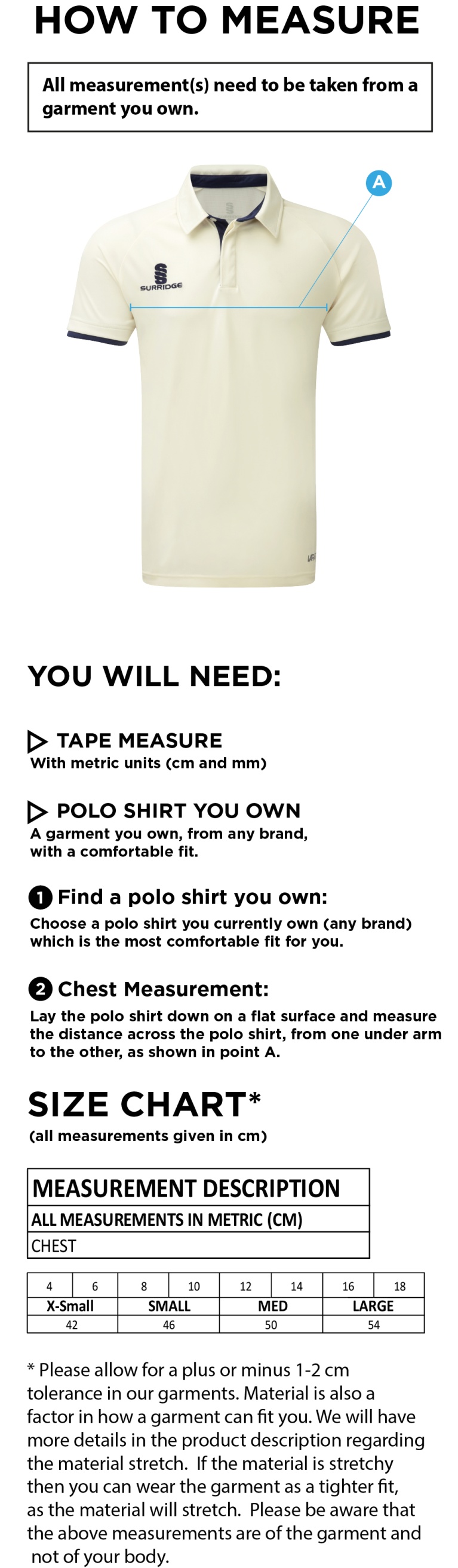 Disability Team - Dual Cricket Shirt Short Sleeve - Ladies Fit - Size Guide