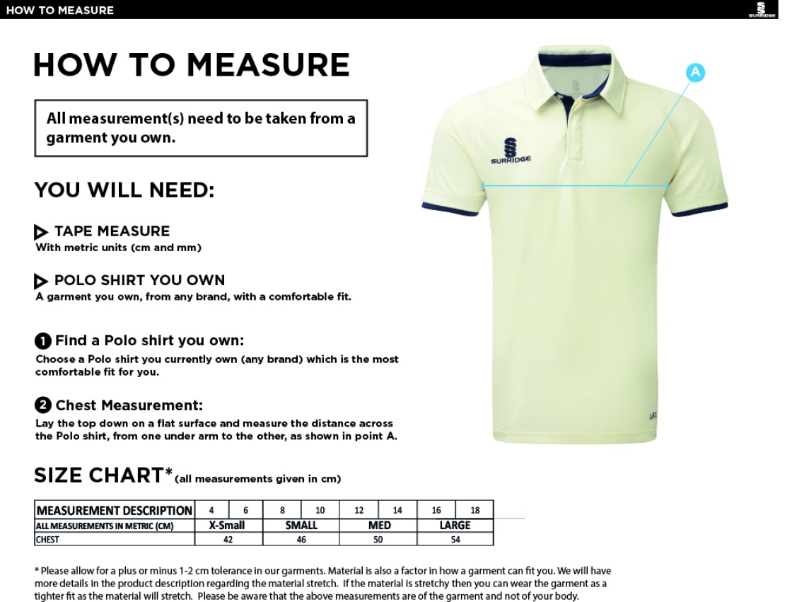 Disability Team - Dual Cricket Shirt Short Sleeve - Ladies Fit - Size Guide